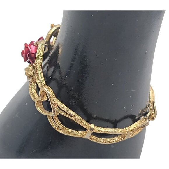 The Art of Beauty Cuff Bangle Bracelet Double Red Rose Buds Gold Tone Size 7 - Picture 2 of 16
